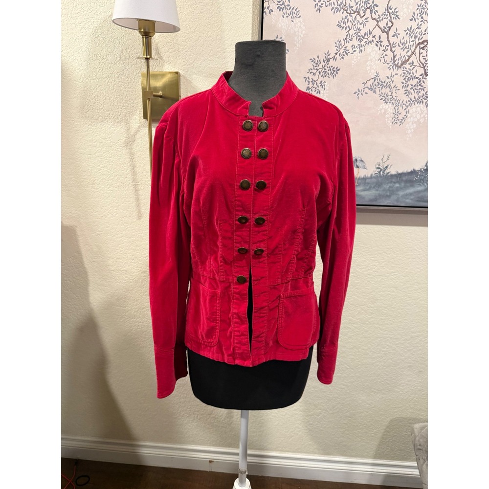 Live a Little Red Corduroy Military‎ Jacket Mandarin Collar Brass Buttons Size M